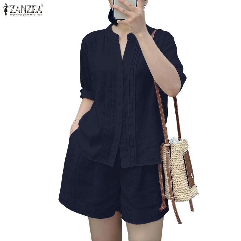 ZANZEA Women 3/4 Sleeve Blouse and Shorts Summer Two Piece Suit Sets