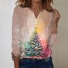 Women's Fashion Casual V-Neck Long Sleeve Decorative Button Christmas Print Top