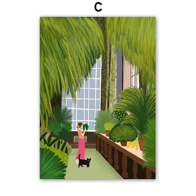 Boho Abstract Girl Garden Flowers Cat Illustration Wall Art Canvas Painting Nordic Poster And Prints Pictures Living Room Decor