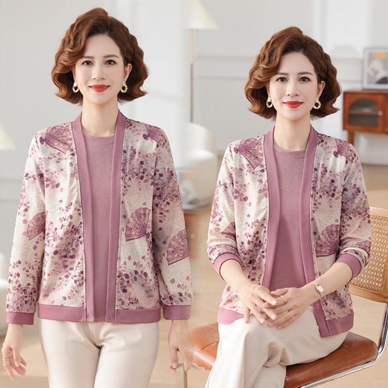 Middle-aged Women's Spring/Fall Knit Cardigan & T-shirt Set - Plus Size Stylish Two-piece