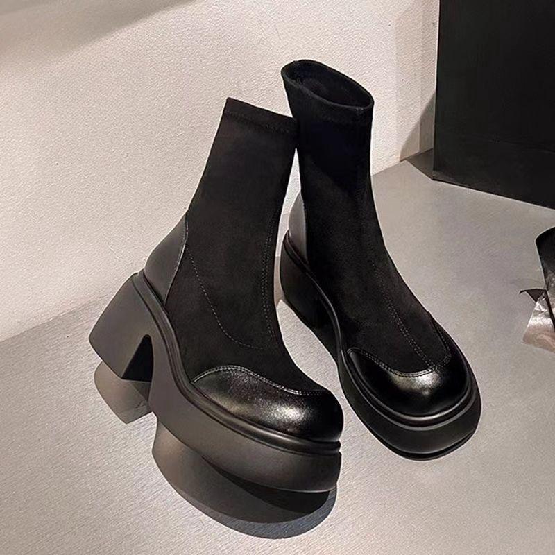 (Leather) 2025 new platform boots boots women's elastic and thin knee short boots thick heel medium boots