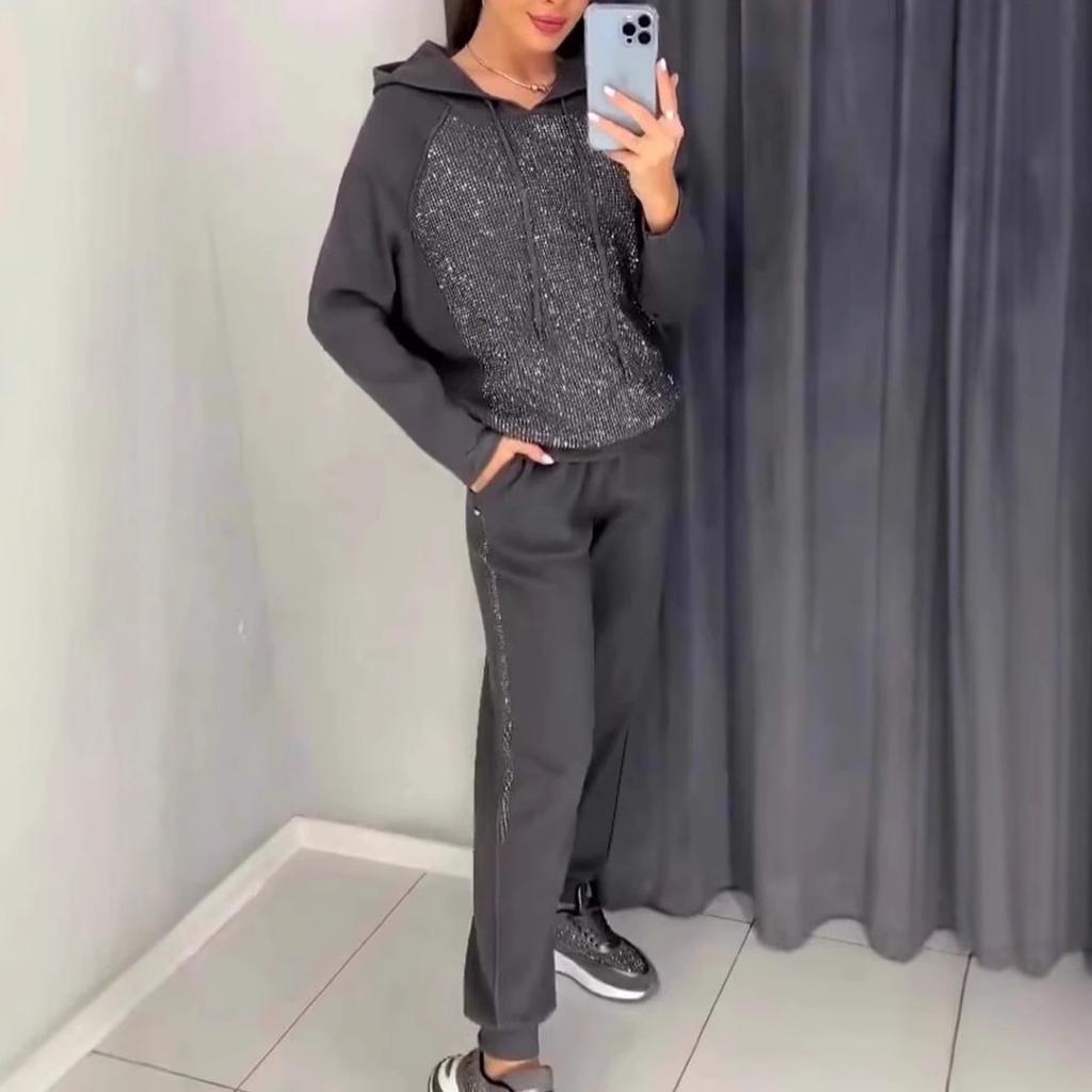Women's Sets Plus Size Solid Color Long Sleeves with Pockets Rhinestone Hooded Sweatshirt Trousers 2 Piece Set