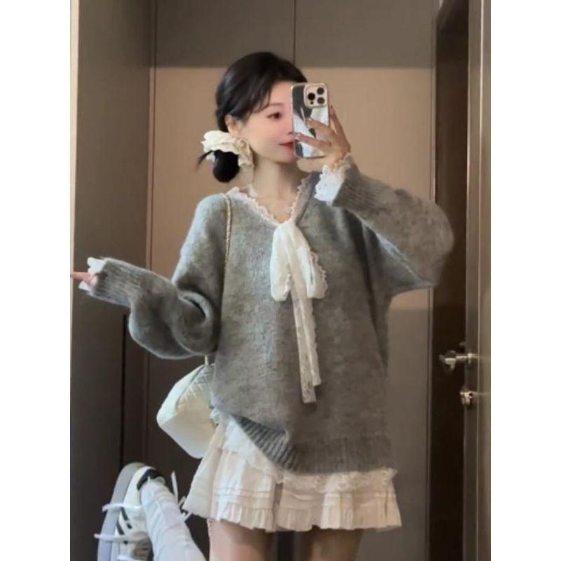 

Серый Стильный Кружевной Сшитый Бант С Длинными Рукавами Свитер Трикотаж Женский Осенний Досуг Свободный Темперамент Топы Grey M