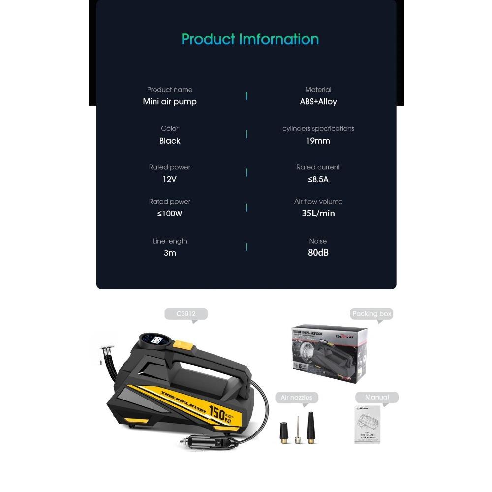 Przenośna pompka do opon 150 PSI ze światłem LED - Cyfrowa pompa kompresora powietrza do samochodu, motocykla, roweru - Półautomatyczna, trwały materiał ABS
