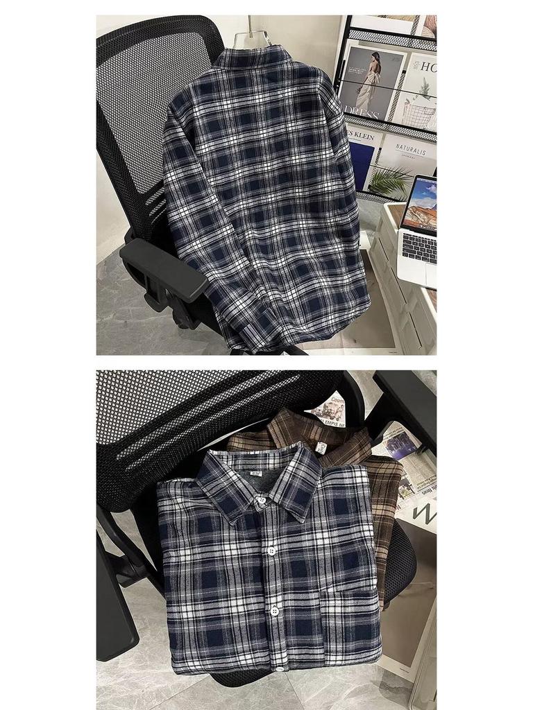 Camisa Xadrez Masculina Forrada com Lã - Jaqueta Casual Retrô de Manga Comprida para Outono/Inverno