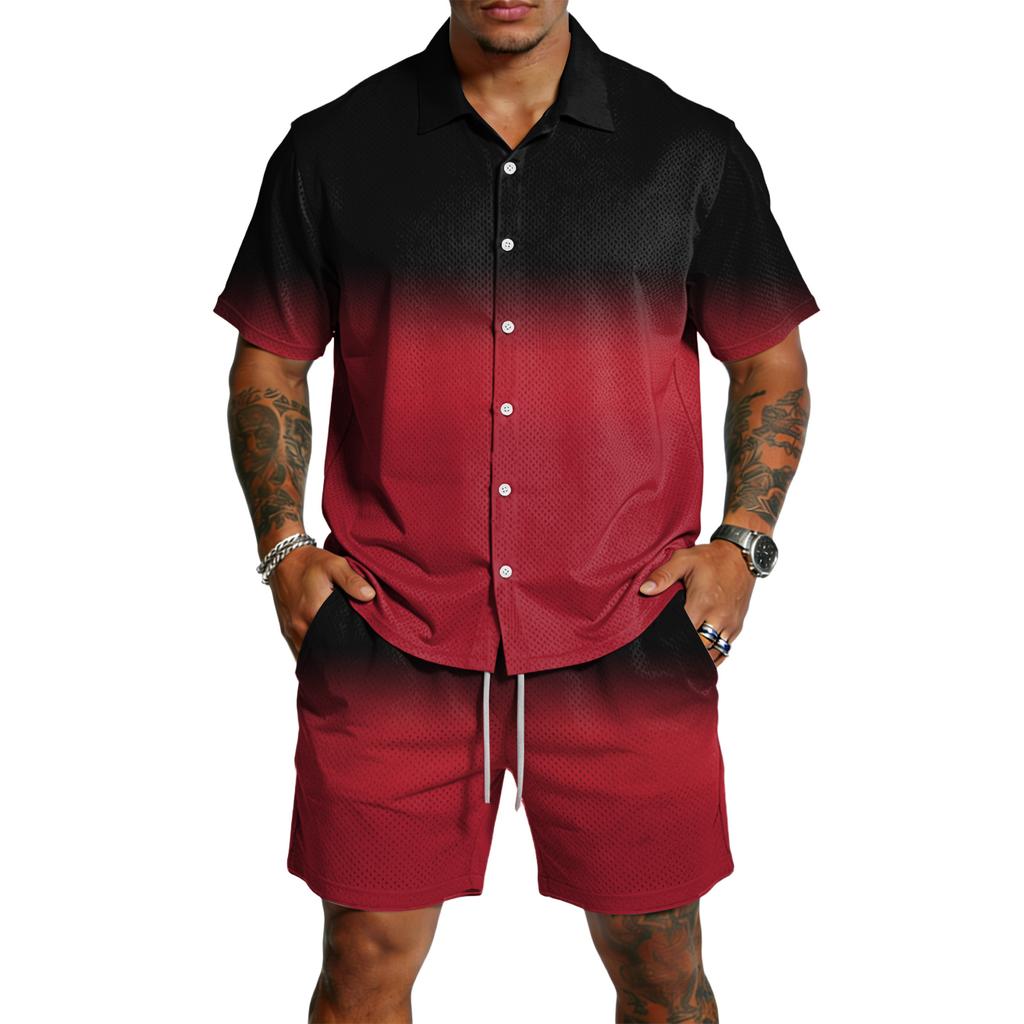 Men's Casual Short Sleeve Button Down Shirt and Drawstring Shorts Set Lightweight Breathable Summer Outfit with Gradient Design