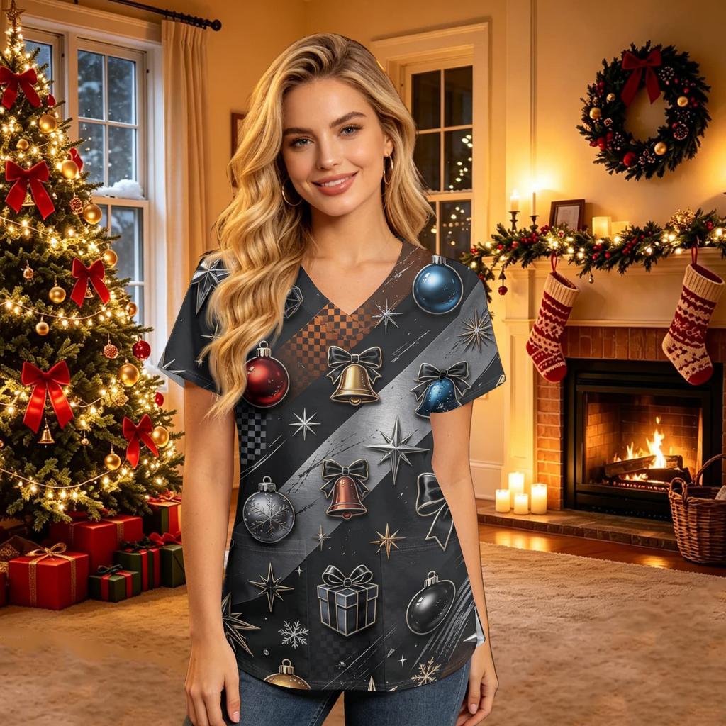 Women's Christmas Print V-Neck Short Sleeve Scrub Top with Pockets Caregiver Uniform