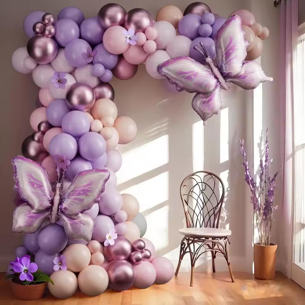148PCS Butterfly Balloon Arch Set, Macaron Purple Pink Orange Balloon, Birthday Wedding Anniversary Event Decoration