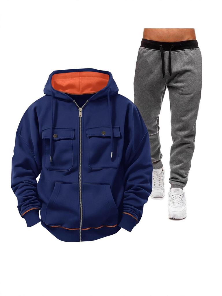 Men's European Size Hooded Sweatshirt Set: Zip-Up Fleece-Lined Jacket with Double Pockets for Sports and Casual Wear.