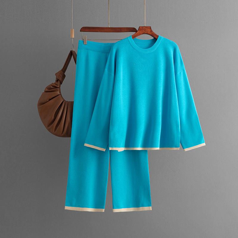 

Осень-зима, свободный пуловер с круглым вырезом, женский однотонный вязаный широкий брюки с длинными рукавами, комплект из двух предметов One Size синий