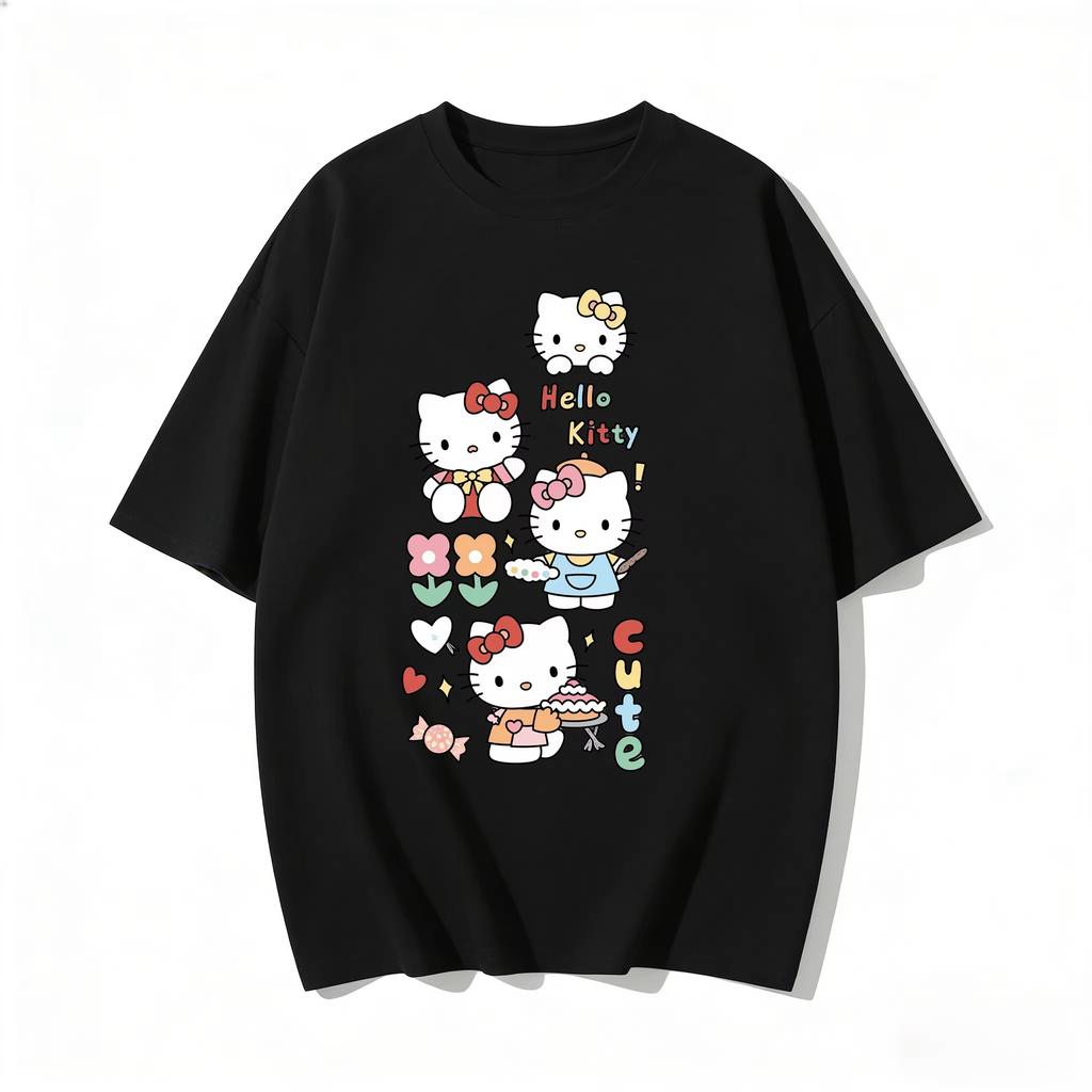 2026 New Summer HelloKitty Cute Graphic Tee Casual Short Sleeve Cotton Top for Women Girls Kawaii Cartoon Print Streetwear
