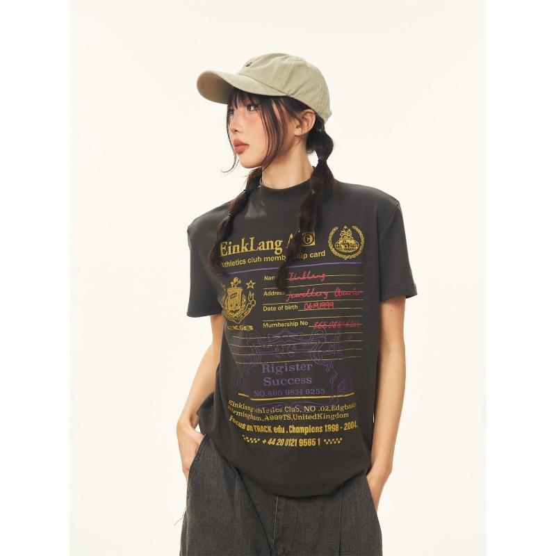 

American Retro Letter Print Right Shoulder Slim Fit Short-sleeved T-shirt for Women Summer Casual Half Turtleneck Trendy Top M серый