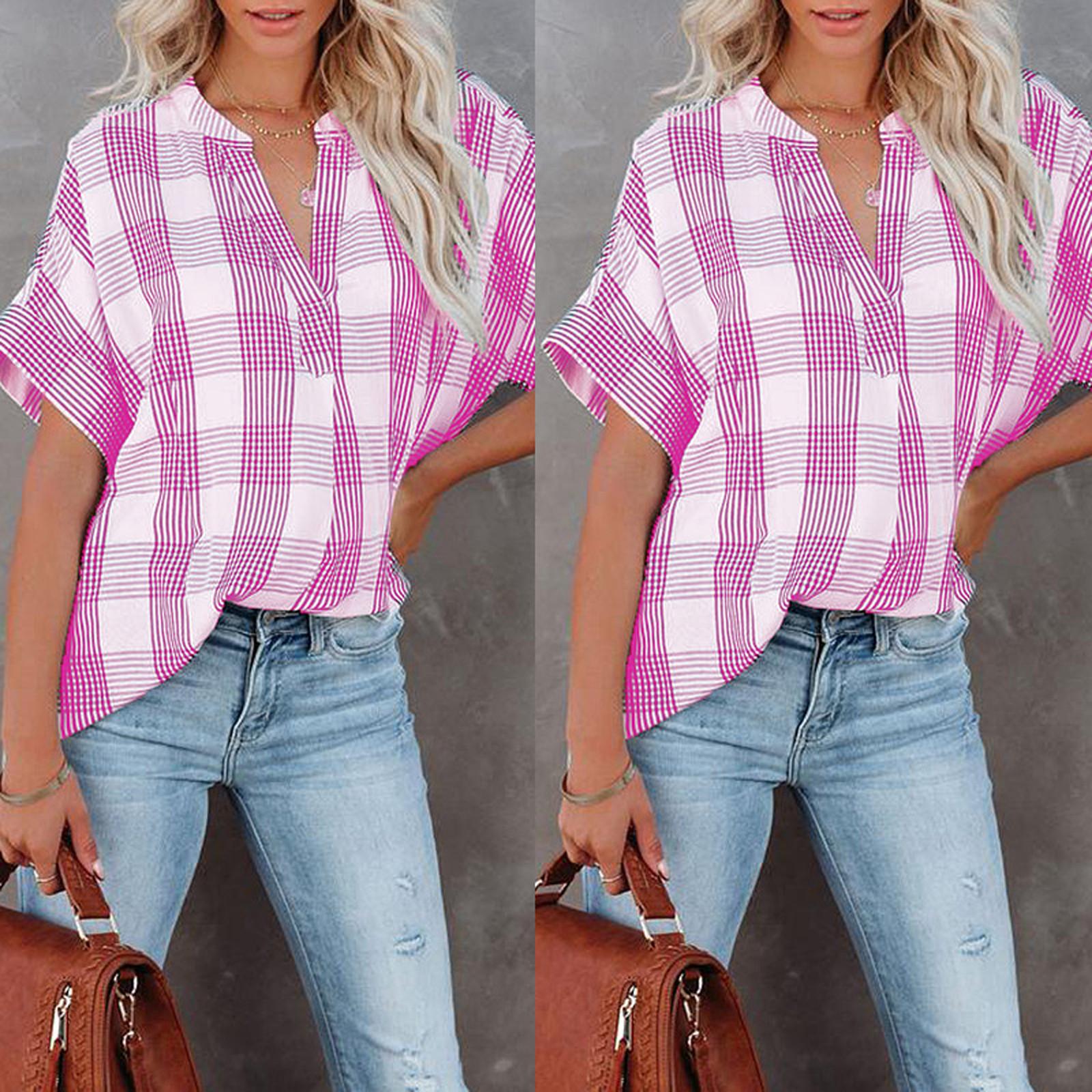

Женская женская рубашка в клетку с коротким рукавом и принтом, свободные повседневные топы с V-образным вырезом XL розовый