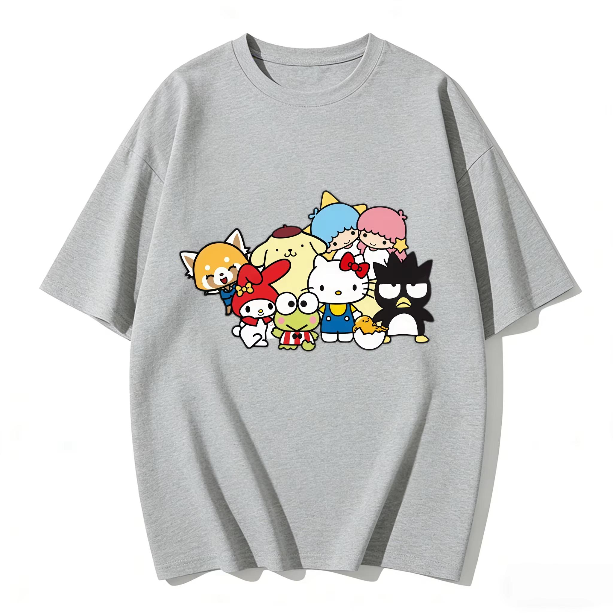 

The 2026 New Sanrio Character Group Cartoon Print Tshirt Is A Casual Short Sleeve Top Set for Girls and Boys for Families S