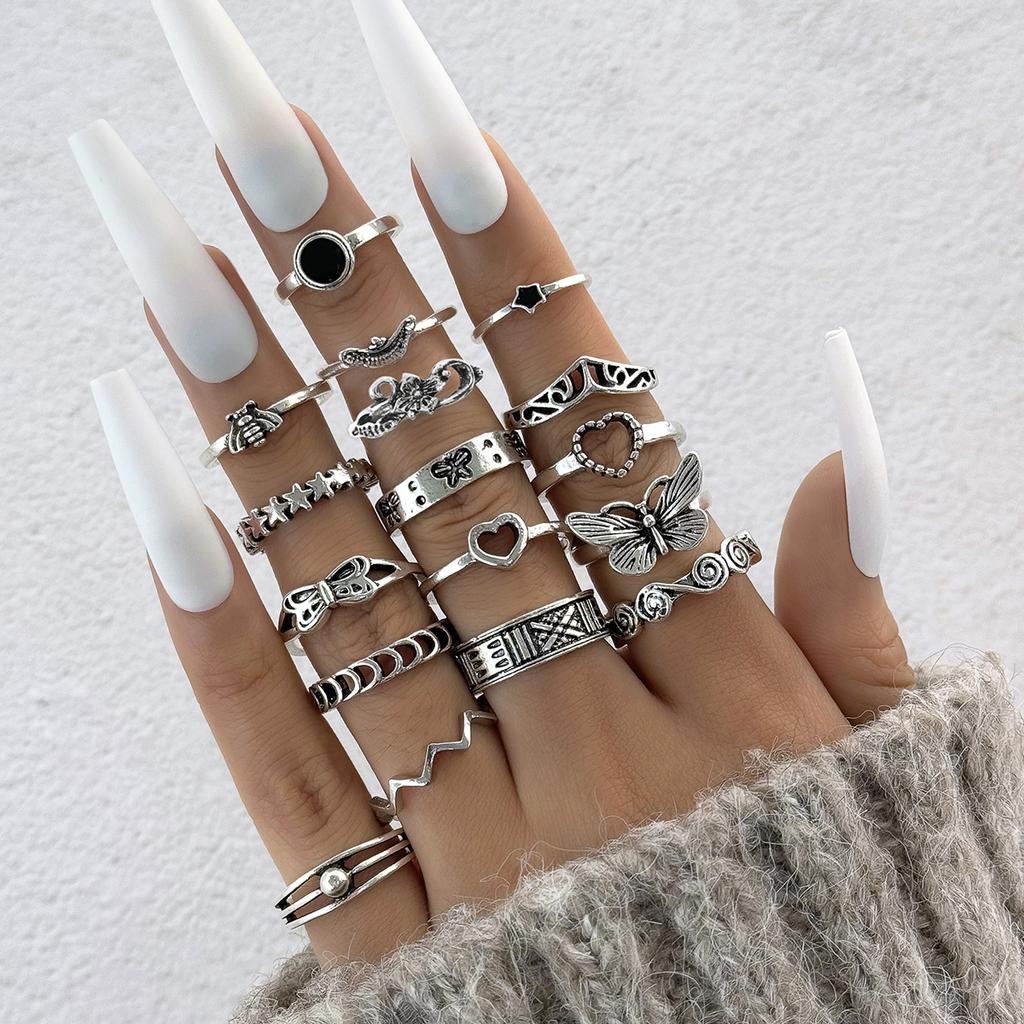 European and American punk dark butterfly skull cut-out face ring multi-piece set personality trend distressed ring set