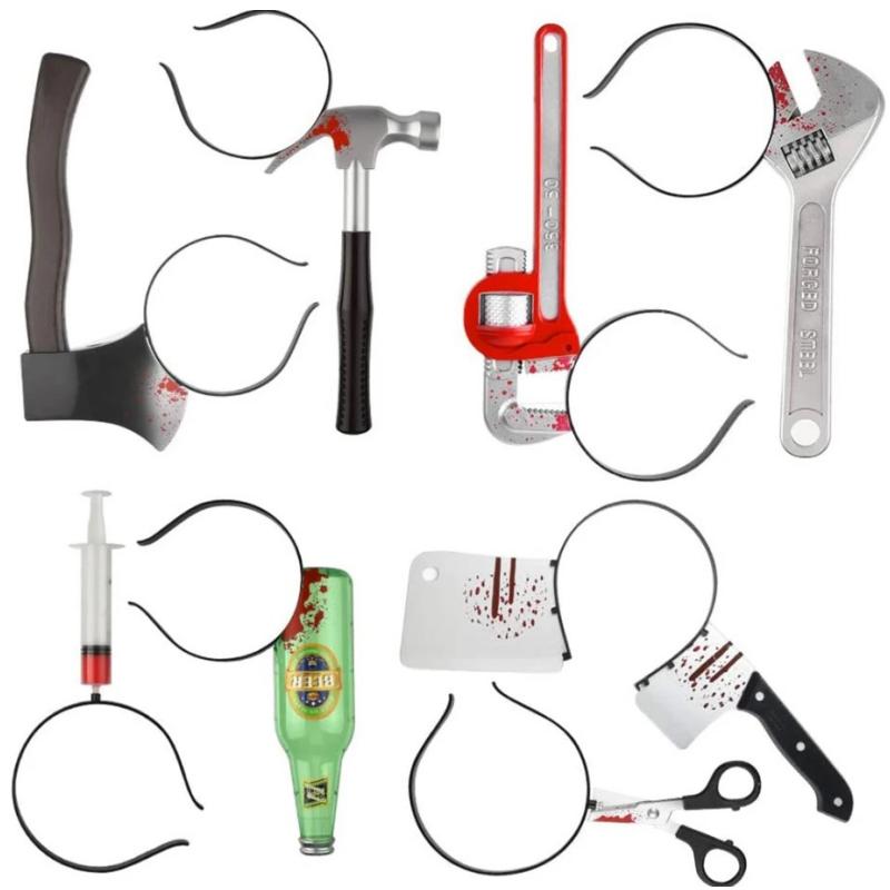 Halloween Party Horror Hair Bands Fake Knife Axe Cleaver Scissor Headbands Through Head Scary Masquerade Costume Photobooth Prop