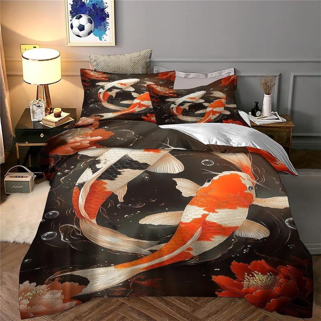 Koi Fish Quilt Cover 3D Print All Season 3Pcs Bed Linen Hidden Zipper Japanese Duvet Cover Ultra Soft  For Adults Teens Women