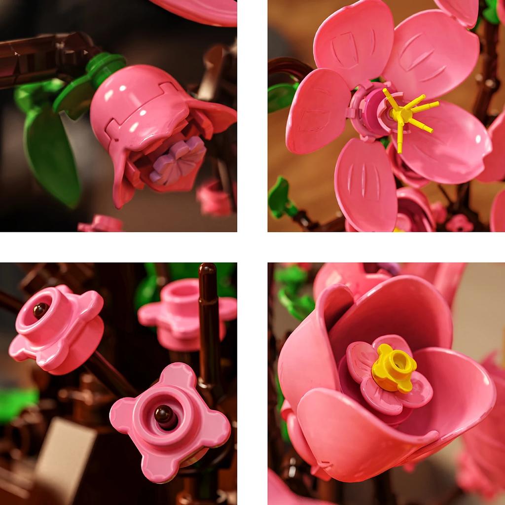 Pink Peach Blossom Potted Plant Building Block Flower Model Puzzle Toys Sets New Year Christmas Birthday Gifts