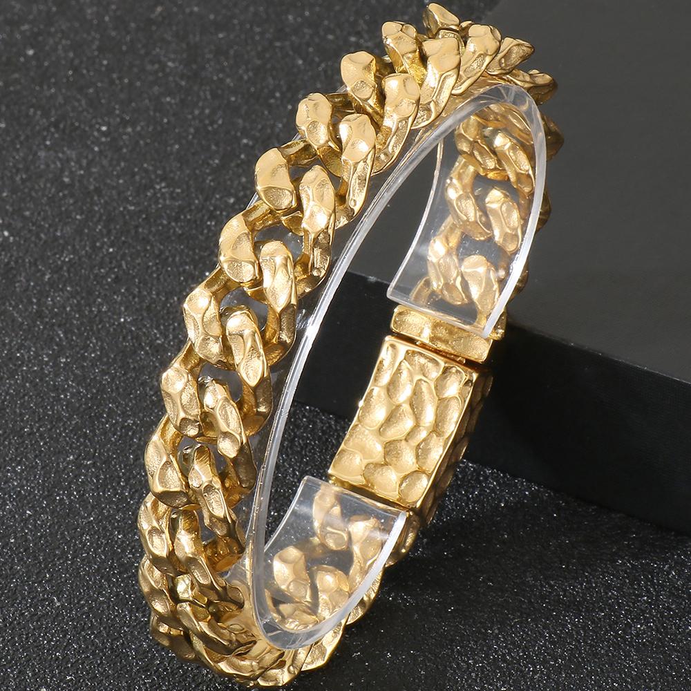 

Винтажный браслет-цепочка кубинского звена шириной 13 мм для мужчин, мужские ювелирные изделия, подарки, черный золотой цвет, мужские браслеты из нержавеющей стали 22CM золотой