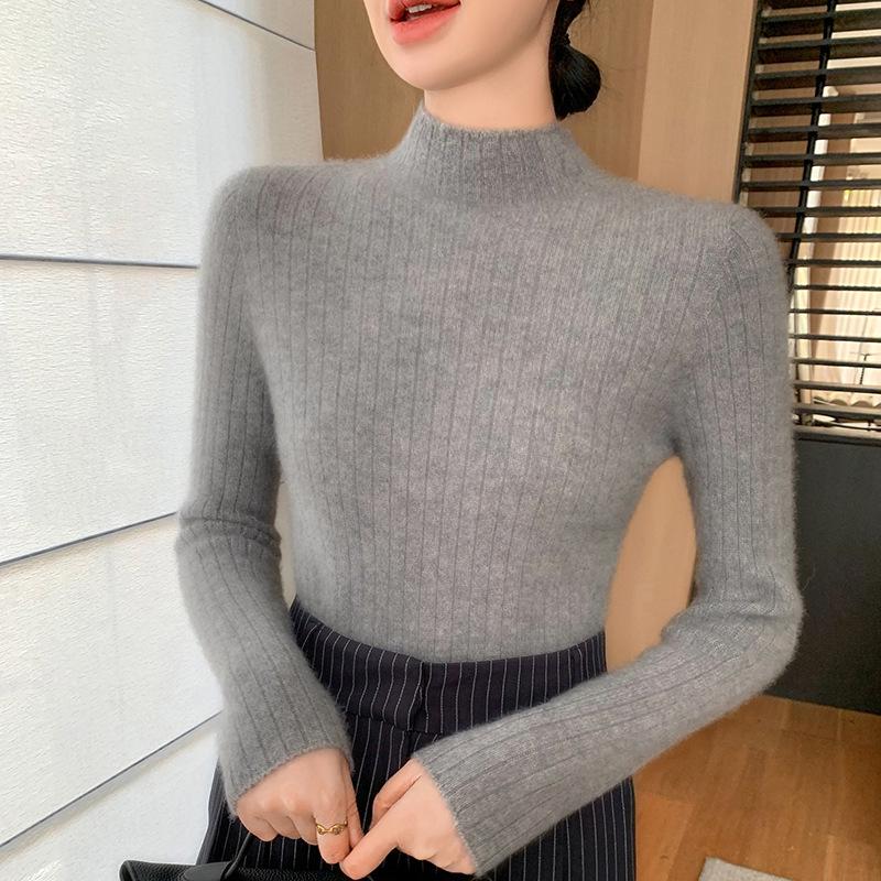 

Женский приталенный теплый свитер премиум-класса из кашемира в рубчик - Полувысокий воротник, утолщенный для осени и зимы. Small