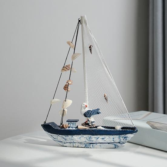 Pobřežní dřevěný model plachetnice Rustikální námořní figurka lodi se skořápkou a hvězdicí Plážové oceánské téma Stolní ozdoba do obývacího pokoje ložnice