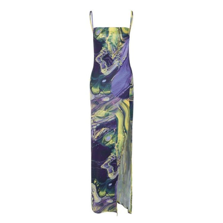 Elegant Sexy Backless Long Maxi Dress Women Spaghetti Strap Slit Draped Print Club Party