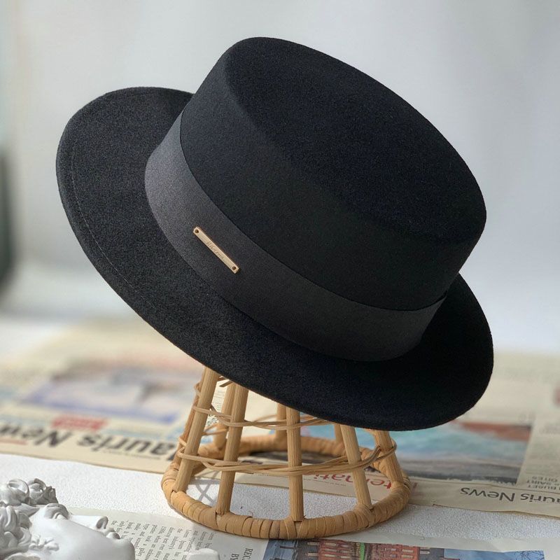 Hat Women's Autumn and Winter Pure Wool Flat-top Flat-brimmed Top Hat British Retro French Elegant Versatile Thermal Hat