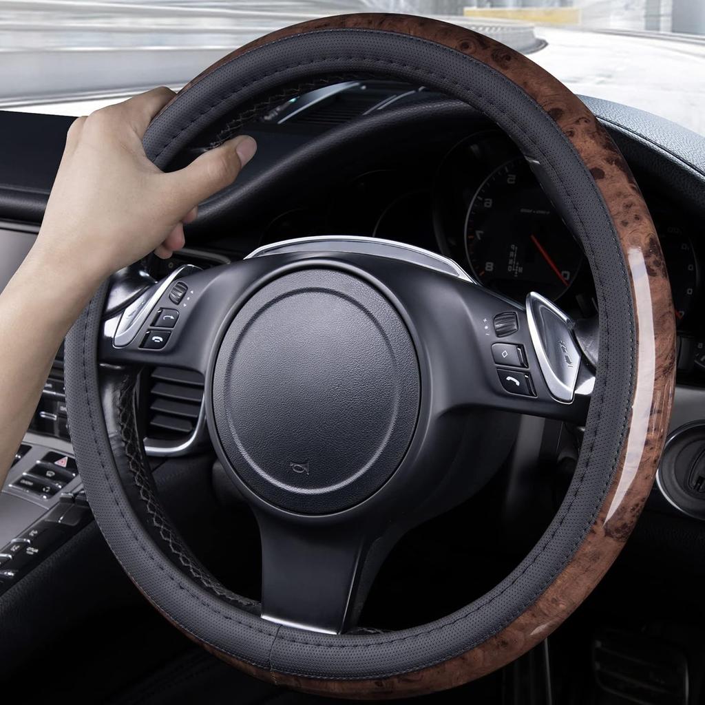 CAR PASS Wood Grain Microfiber Leather Steering Wheel Cover, Universal Fit For 14 1/2-15 Inch Black Steering Wheel, Anti-Skip Ve Design,Cars,