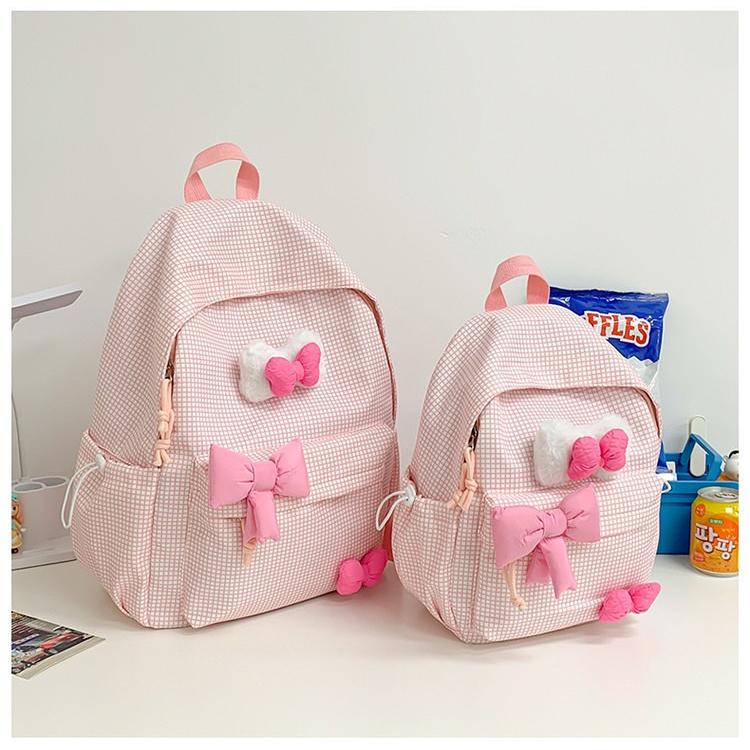 Cute Bowknot Plaid Backpack for Women Girls Large Capacity School Bag Casual Travel Daypack College Student Bookbag