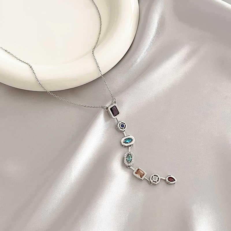 Retro Style Colorful Zircon Tassel Irregular Splicing Long Necklace Light Luxury Pendant Collarbone Chain For Women Jewelry