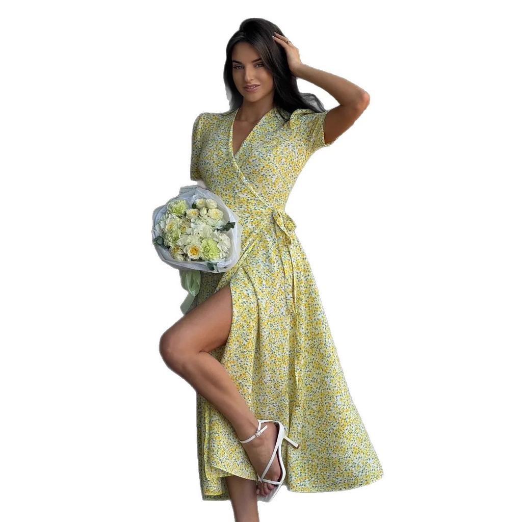 V-neck short-sleeved dress, European and American summer new one-piece lace-up split-end waist floral dress