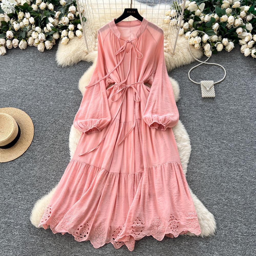 French Gentle Wind Temperament Lace-up Lantern Sleeves Waist Hollow Embroidery Dress Women's Autumn and Winter High-end Long Skirt