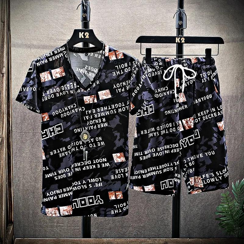 

Летний повседневный костюм из ледяного шелка с короткими рукавами, мужские брюки с пятью точками, трендовая свободная футболка, мужские быстросохнущие шорты, костюм XL