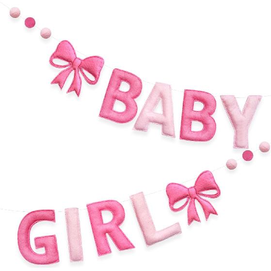 Pink Bow Baby Shower Decorations Pre-Strung Handmade Felt Welcome Baby Sign with Wool Felt Ball Banner for Welcome Home It's a Girl Coquette Baby
