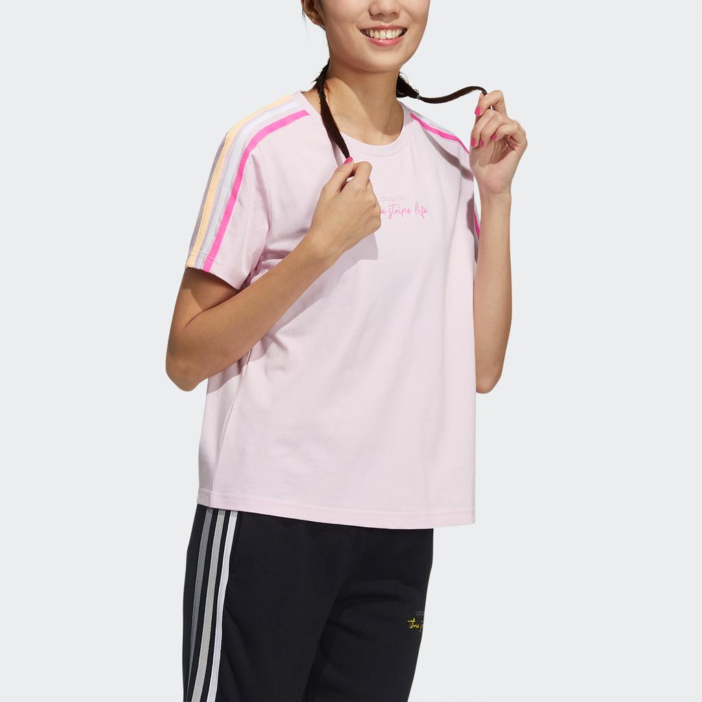 Adidas Neo Striped Sports Loose Round Neck T-Shirt Women Tops Pink GP5530