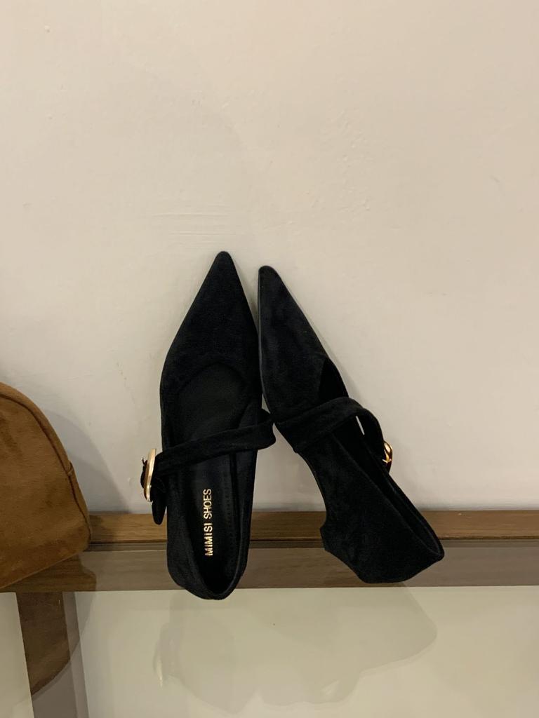 French Temperament Pointed Suede One-word Strap Single Shoes Women's Shoes 2025 Spring, Autumn and Winter Low-heeled Commuting Evening Shoes