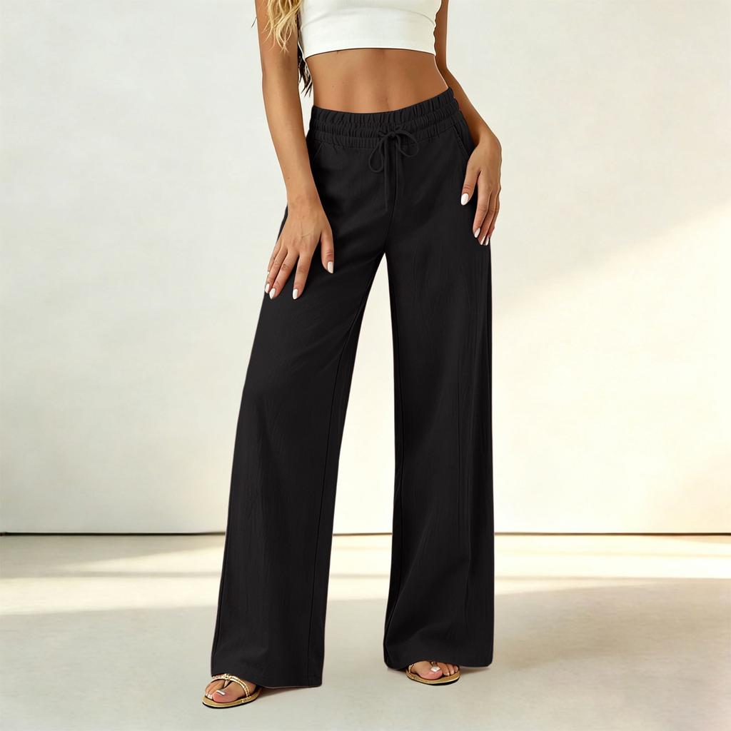 Women High Waist Loose Fit Trousers Drawstring Wide Leg Pants Elastic Waistband Casual Office Style Lightweight Fabric