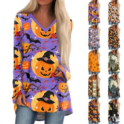 Women's Casual Long Sleeve V-Neck Halloween Print T-Shirt Mid-Length Top