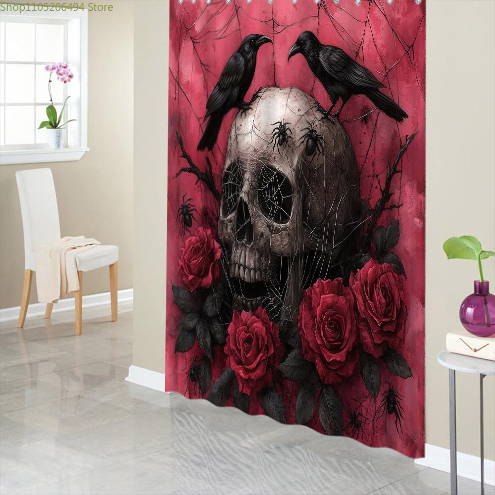 1pc Gothic Artistic Skull Shower Curtain, Vivid Red Background, with Spiders, Ravens & Blooming Roses, Polyester Fabric, Dark