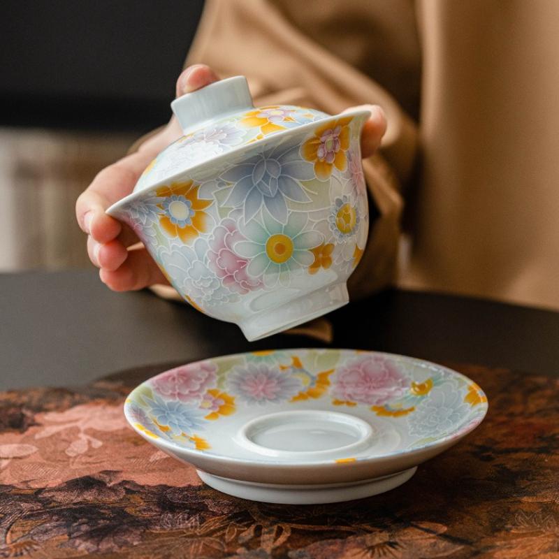 Handbemalte Blumen Terrine Keramik Porzellan Gaiwan Chinesische Kung Fu Teetasse Antike Gedeckte Teetasse Haushalts Teegeschirr Meistertasse