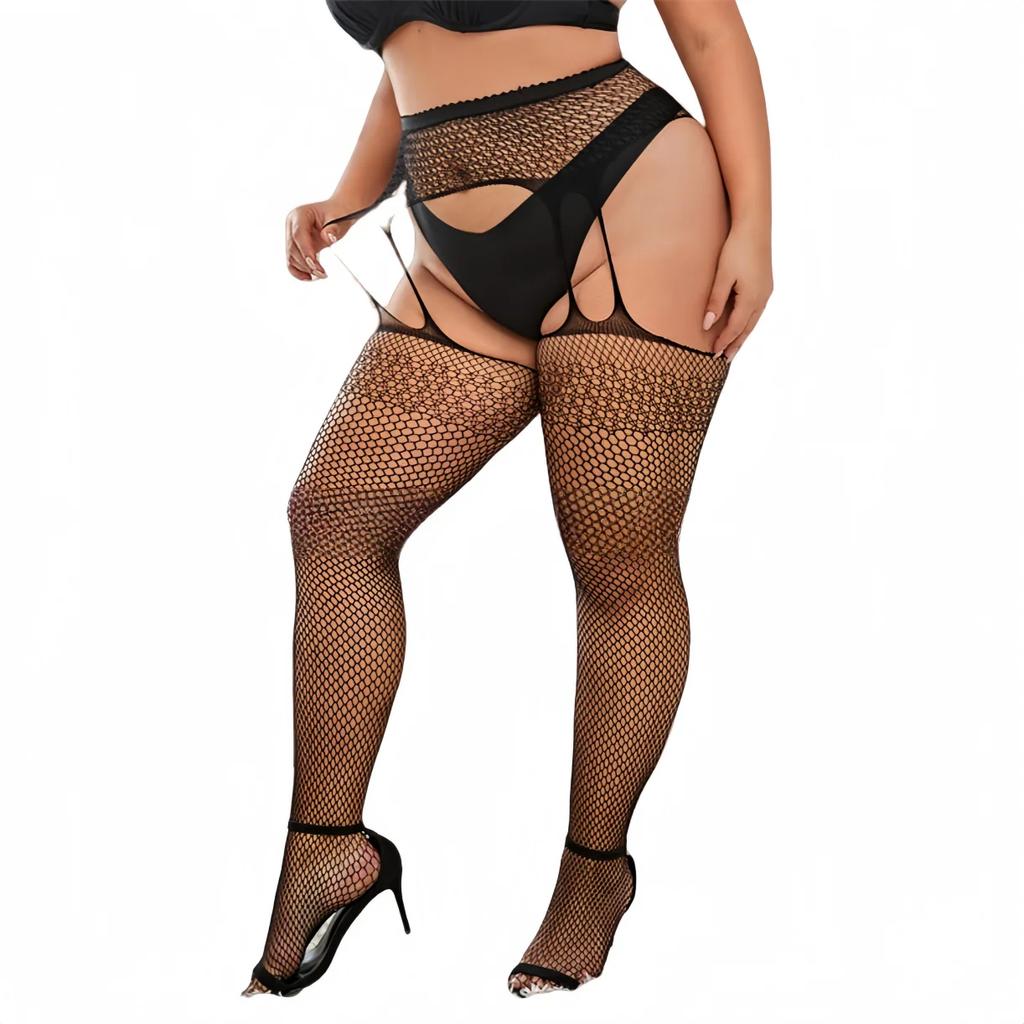 Oversized Women Hollow Black Fishnet Pantyhose Plus Size Knee Thigh High Sheer Sexy Lace Stockings Lingerie Socks Tights 5Xxxxxl