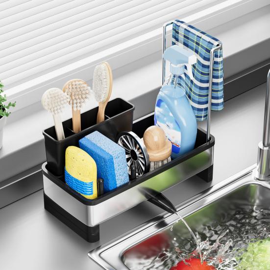 Stainless Steel Sponge Holder Sink Rack Large Capacity Rust-Resistant Self-Draining Multi-Functional Kitchen Storage Rack