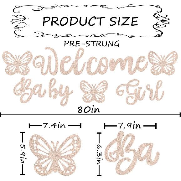 Pre-Strung Welcome Baby Girl Banner - Rose Gold Glitter Butterfly Theme Baby Shower Decorations, Perfect for Gender Reveal Party/Baby Girl Birthday