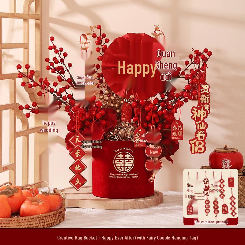 Engagement & Wedding Ornaments: Room Decor Bouquet & Double Happiness Bucket Set for Newlyweds - Ideal for Master Bedroom & Living Room.