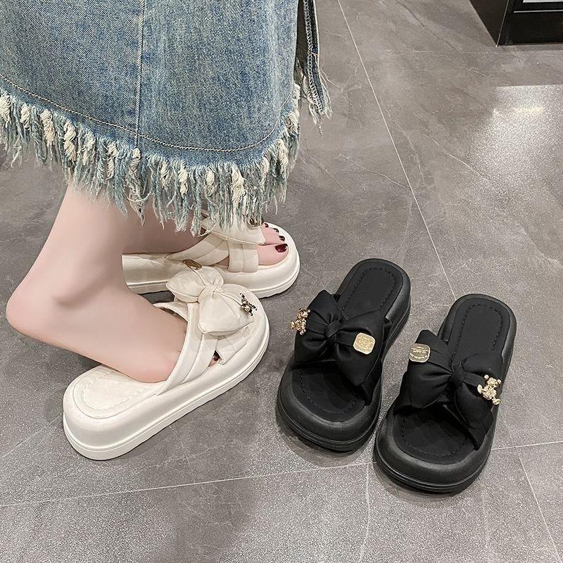 Slippers Female Summer 2025 New Outer Wear Bow Internet Celebrity One-word Drag Fairy Wind with Skirt Non-slip Beach Shoes