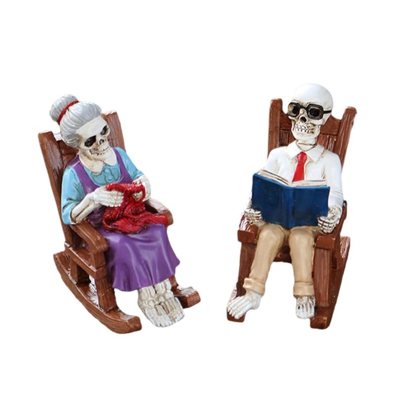

2 Piece Gothic Skeleton Couple Sitting In Rocking Chair With Book Figurine Sculpture Horror Home Decors Resins Ornaments 1