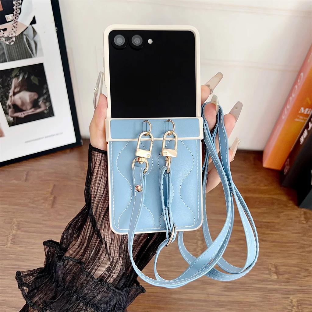 Leather Crossbody Lanyard Rope Phone Case for Samsung Galaxy Z Flip 3 4 5 6 7 Flip7 FE ZFlip7 Flip6 Shockproof Protective Cover
