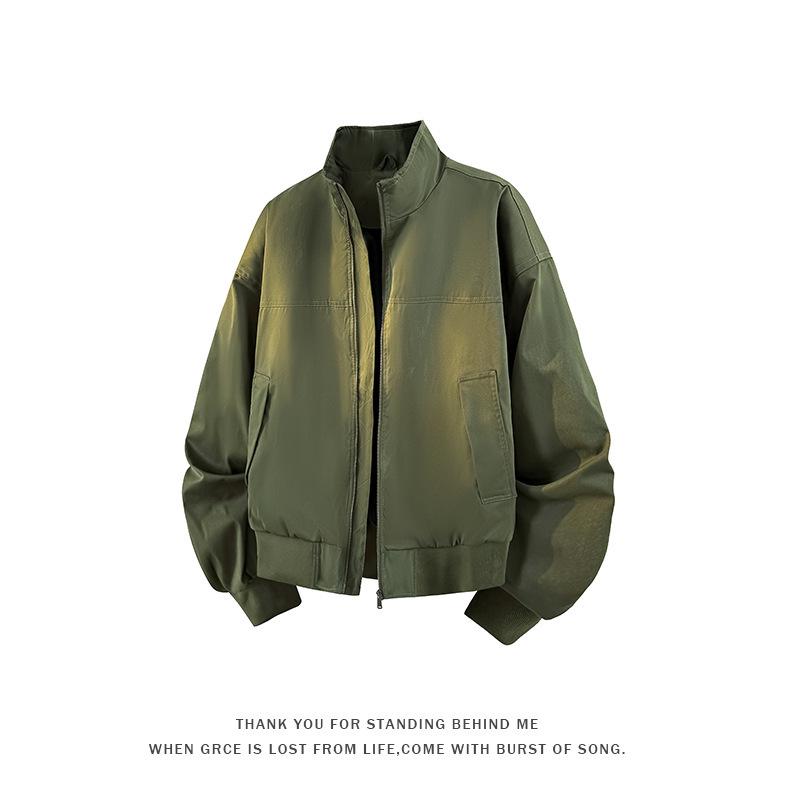 Men's Windproof Stand Collar Workwear Jacket - American Style, Three-Proof, Short, Loose Fit, for Spring & Autumn.