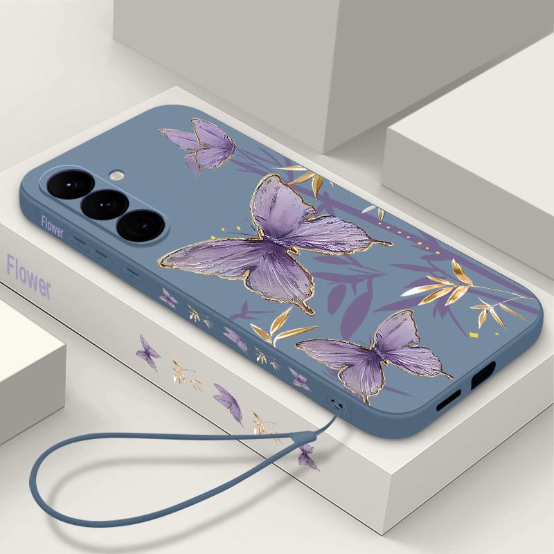 Case For Samsung Galaxy S24 S25 Ultra S23 S22 Ultra S21 S20 FE Butterfly Bamboo Pattern Lanyard Case For Samsung A56 A17 A26 A16 A36 A55 A54 A53 A15