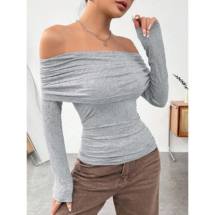 New Women'S Sexy Off Shoulder One Piece Collar Slim Knitted Long Sleeve Fashion Top